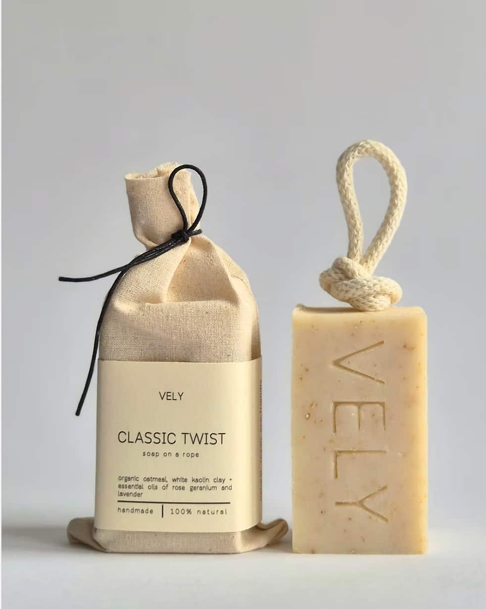 Classic Twist natural soap on a rope with cotton gift bag