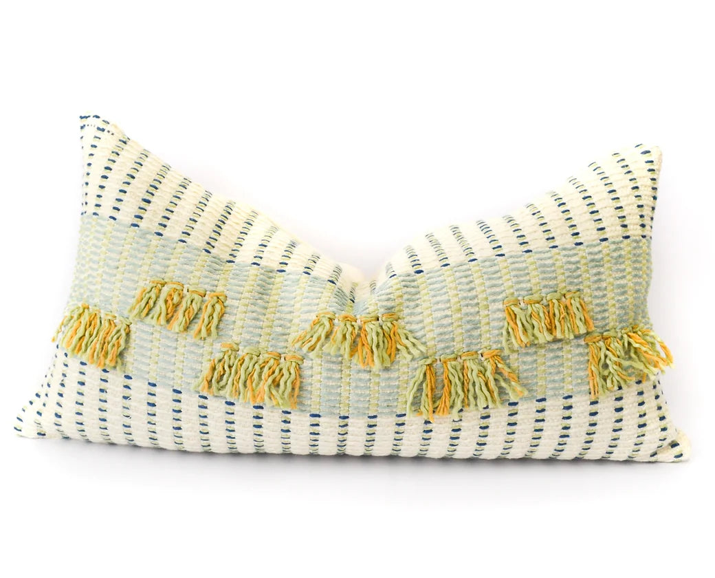 Handwoven lumbar pillow cover. Yellow tassels 