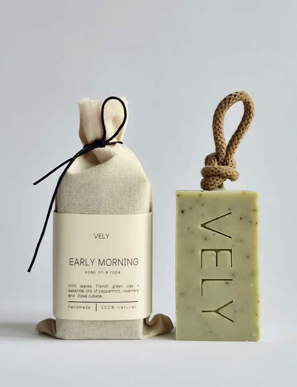 Early Morning natural soap on a rope with cotton gift bag