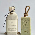 Early Morning natural soap on a rope with cotton gift bag