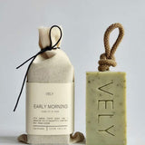 Early Morning natural soap on a rope with cotton gift bag