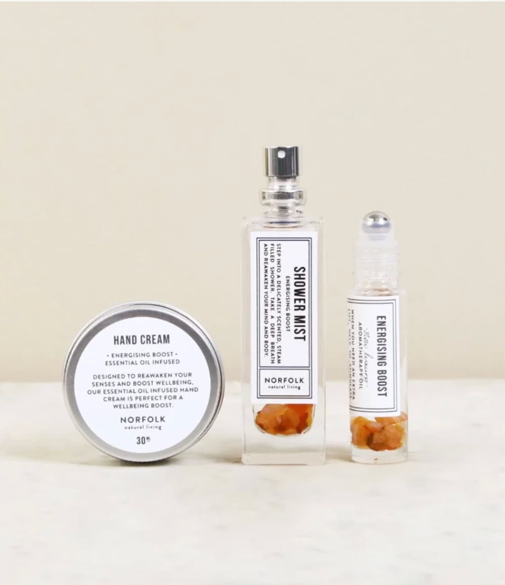 Energising Boost shower mist, pulse point oil and hand cream handmade in Norfolk.