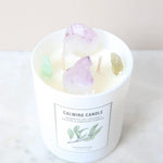 Calming aromatherapy candle topped with Amethyst and Green Calcite gemstones
