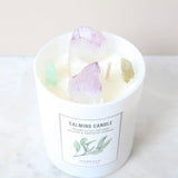 Calming aromatherapy candle topped with Amethyst and Green Calcite gemstones