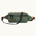 Green recycled PET water-resistant frame bag closed. Sustainable branded merch from women-owned brands