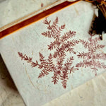 Hand stamped gift wrapping paper with botanical design and velvet ribbon