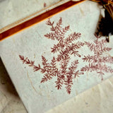 Hand stamped gift wrapping paper with botanical design and velvet ribbon