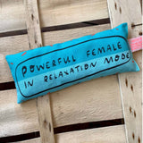 Three blue handmade lavender eye bags with Powerful Female in Relaxation Mode design