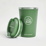 12oz green stainless steel insulated coffee cup, eco-friendly leakproof travel mug, sustainable corporate swag