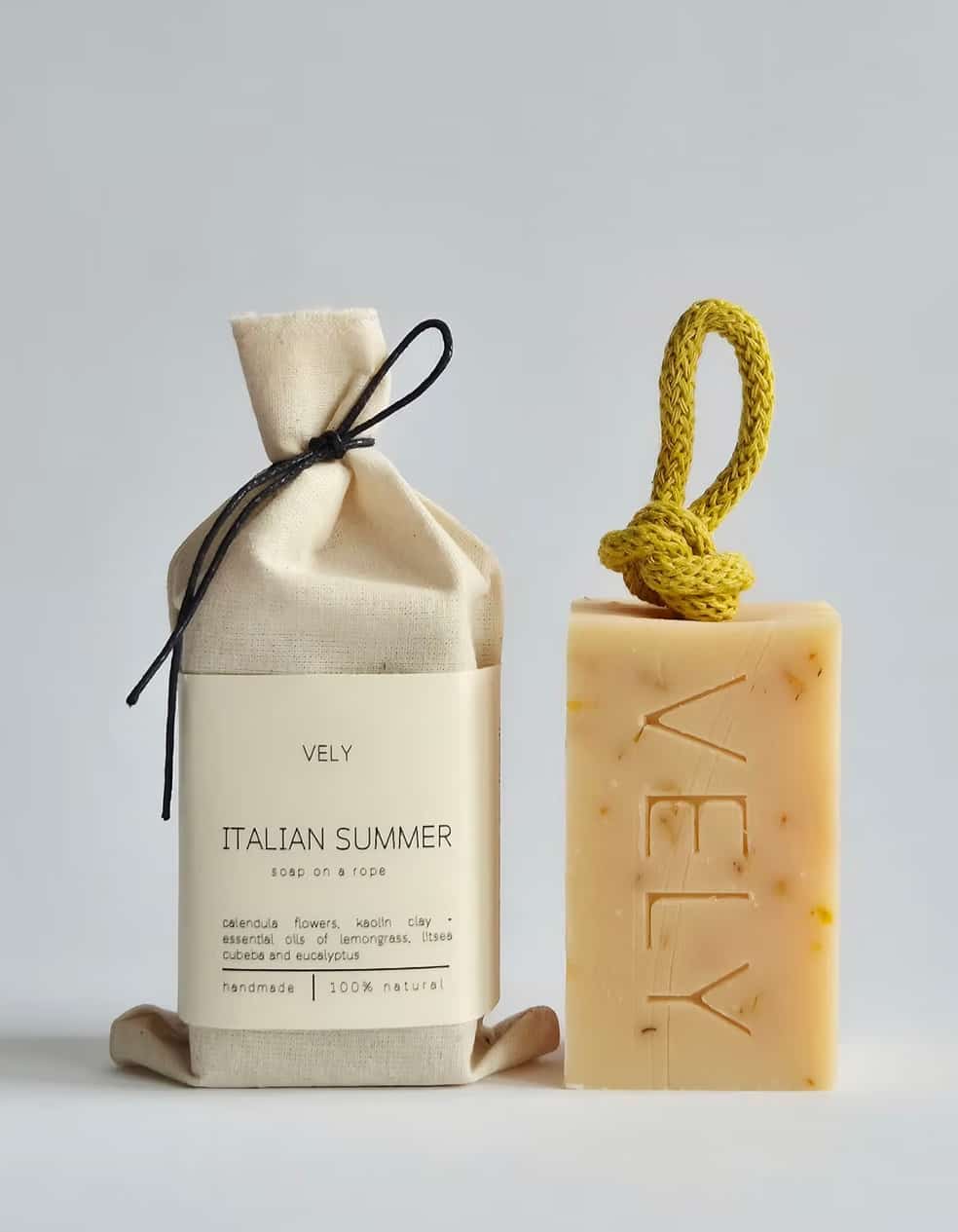 Italian Summer natural soap on a rope with cotton gift bag