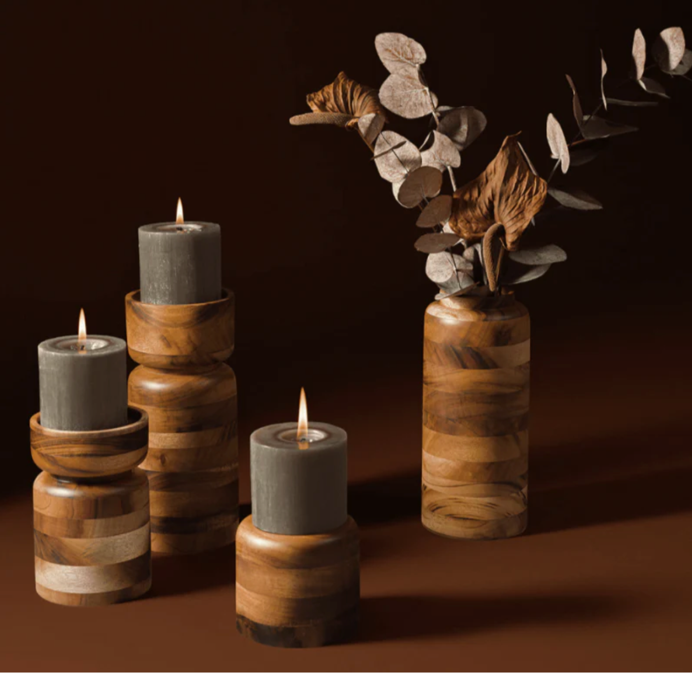 Wooden artisan-made candle holders, premium sustainable corporate gifts for executive women