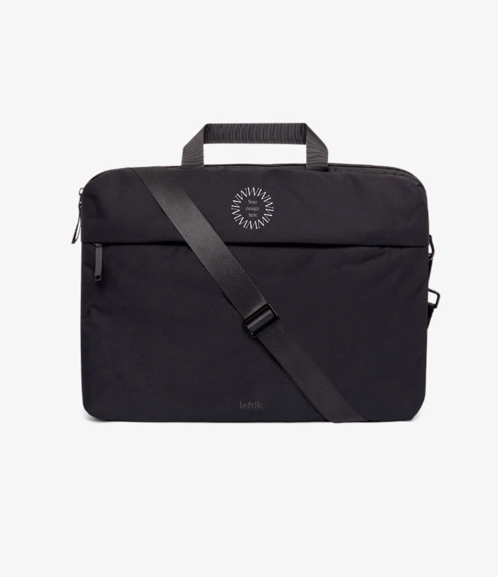 Black recycled laptop briefcase with detachable shoulder strap and company logo
