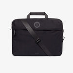 Black recycled laptop briefcase with detachable shoulder strap and company logo
