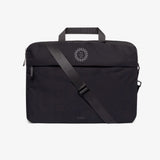 Black recycled laptop briefcase with detachable shoulder strap and company logo
