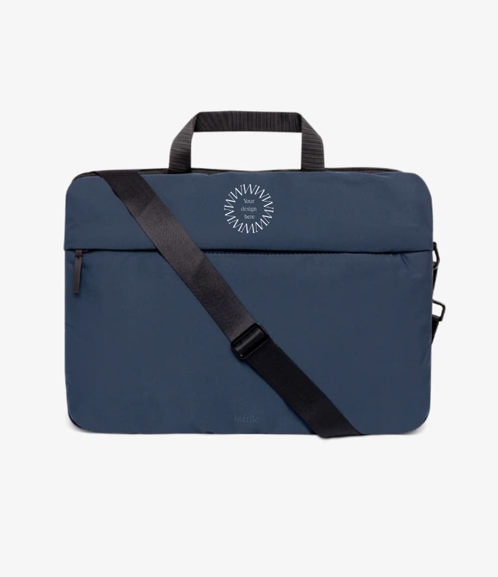 Blue recycled laptop briefcase with detachable shoulder strap and company logo