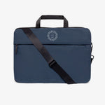 Blue recycled laptop briefcase with detachable shoulder strap and company logo