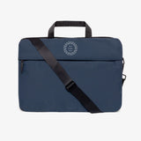 Blue recycled laptop briefcase with detachable shoulder strap and company logo