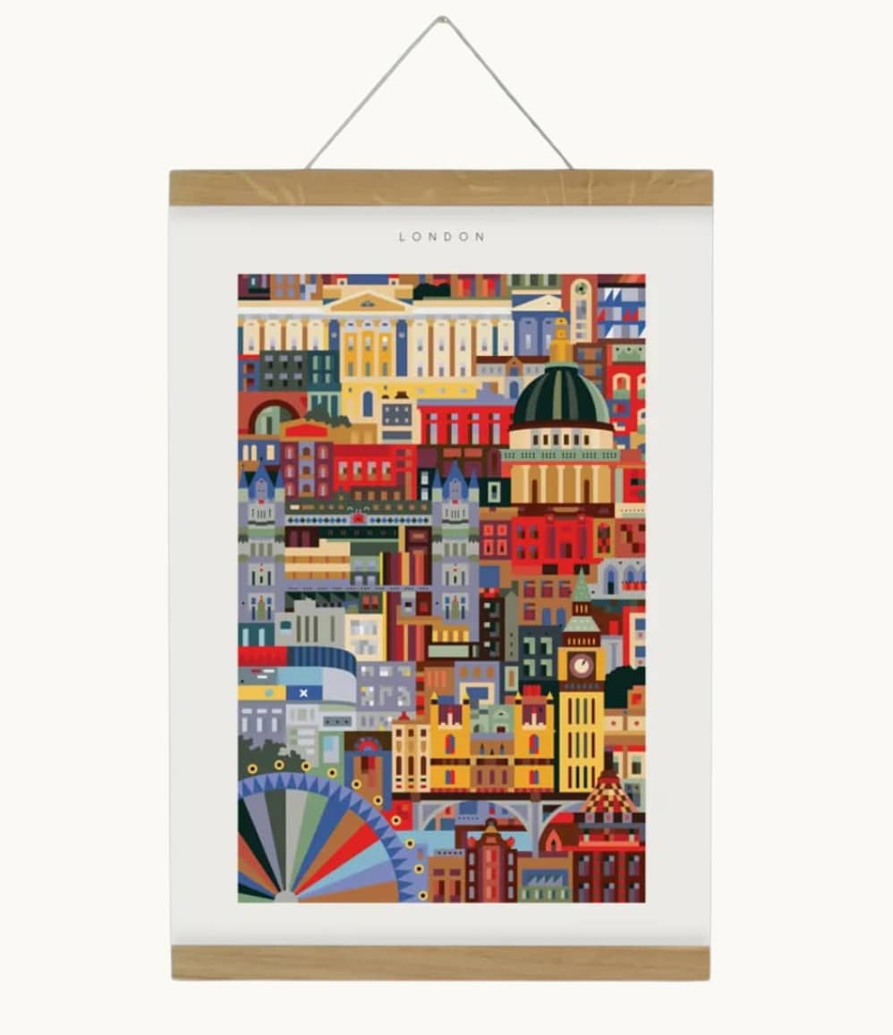 London blockprint wall art featuring Big Ben, London Eye and St Paul’s Cathedral. Unique sustainable corporate gift idea.