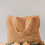 Crochet tote bags made from sustainable materials in beige. Corporate Event giveaways.
