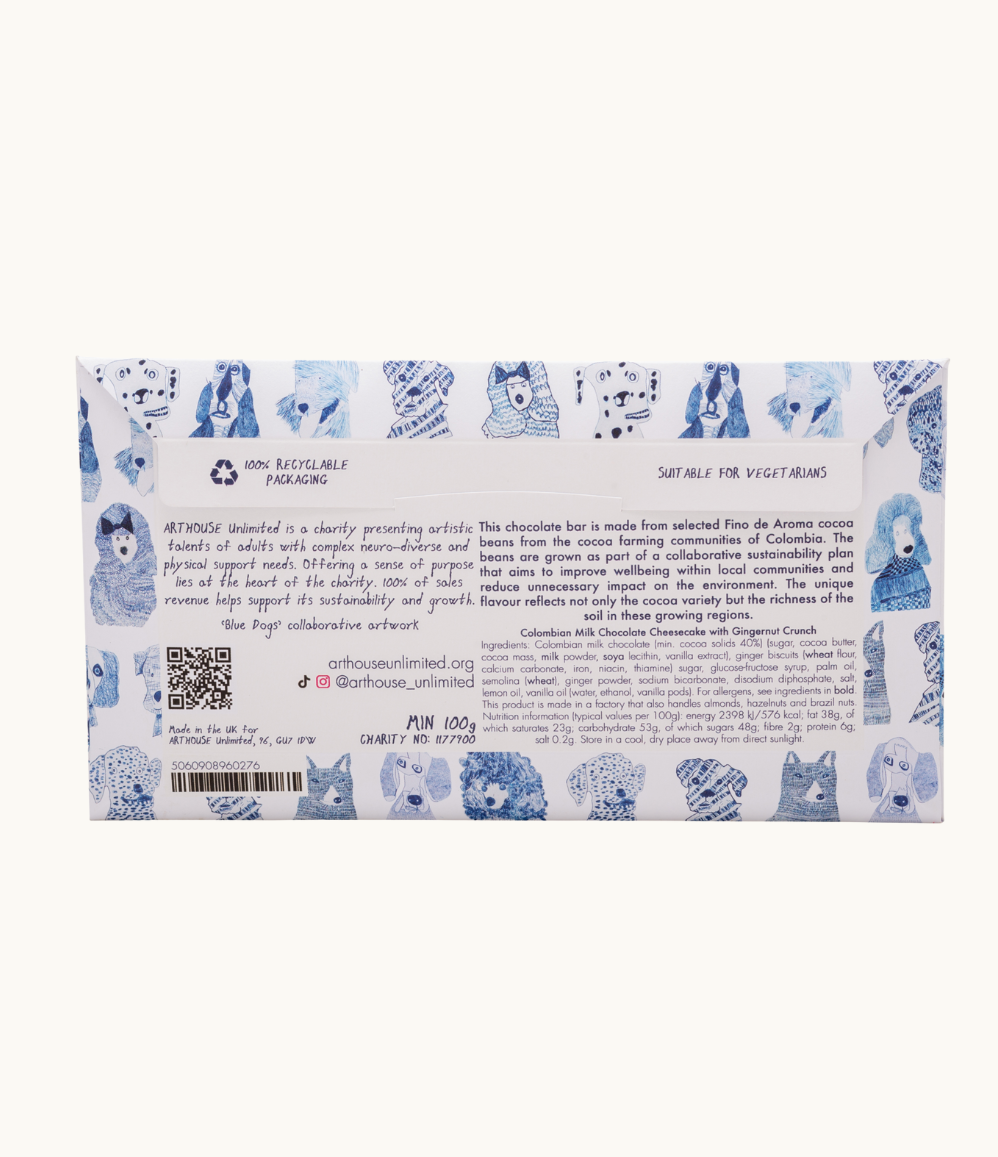 Arthouse unlimited chocolate bar suitable for vegetarian. Colombian milk chocolate cheesecake with gingernut crunch