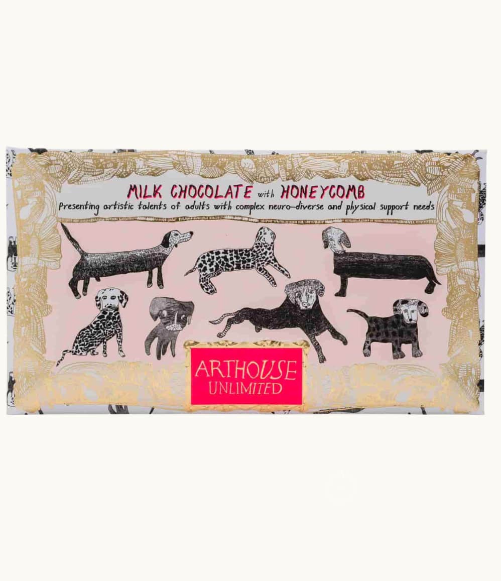 Wrapped milk chocolate honeycomb bar with artwork on the wrapper
