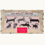 Wrapped milk chocolate honeycomb bar with artwork on the wrapper