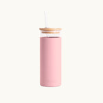 Pink NUOC glass tumbler 450ml with lid and straw, premium branded merch, eco swag and sustainable corporate gift from women-owned brands