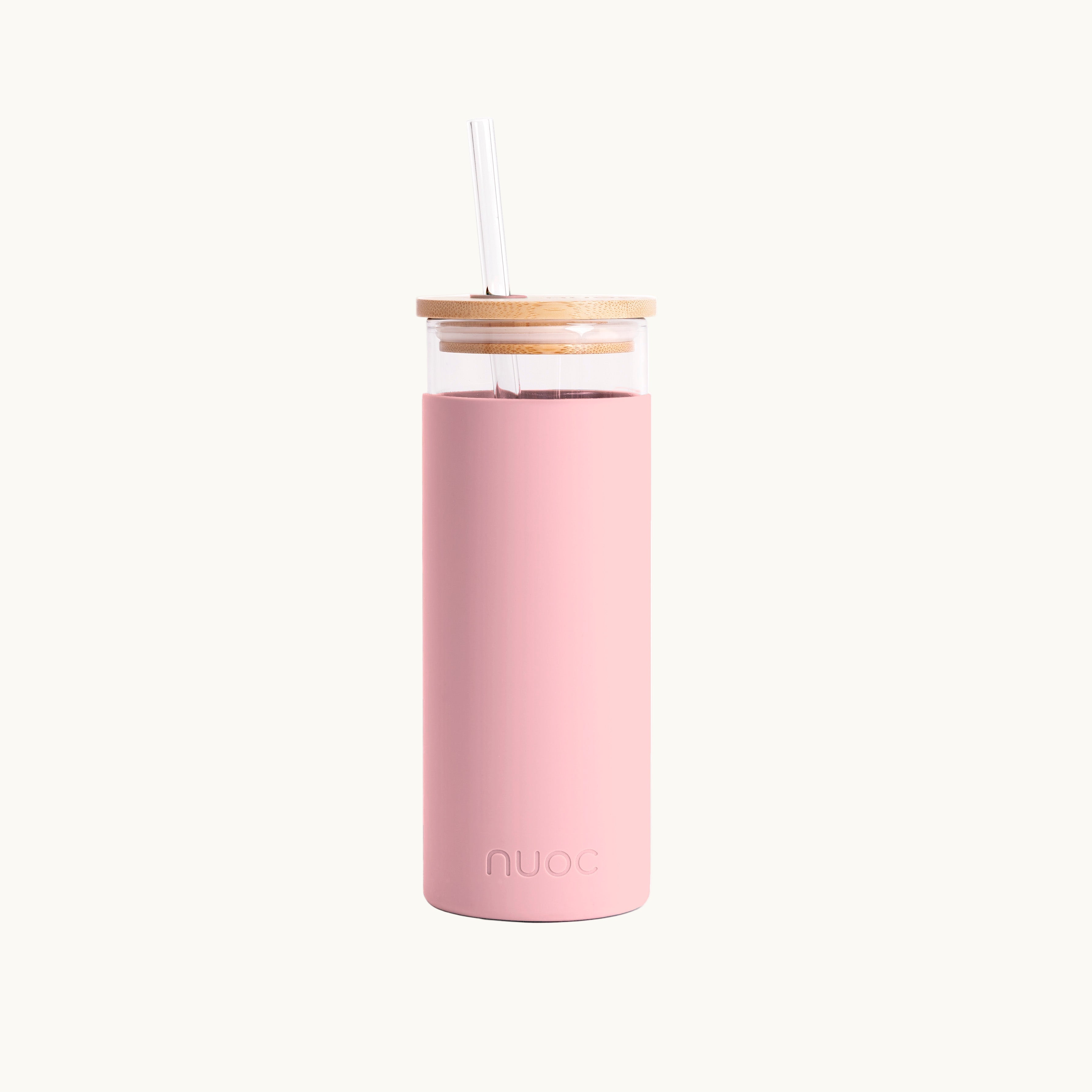 Pink NUOC glass tumbler 450ml with lid and straw, premium branded merch, eco swag and sustainable corporate gift from women-owned brands
