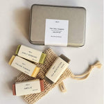 Four natural mini soaps with sisal soap bag and gift tin