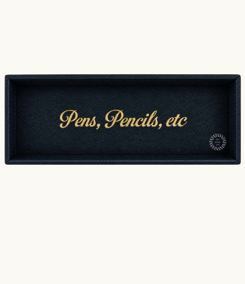 Navy desk tray with gold Pens, Pencils, etc lettering, horizontal view