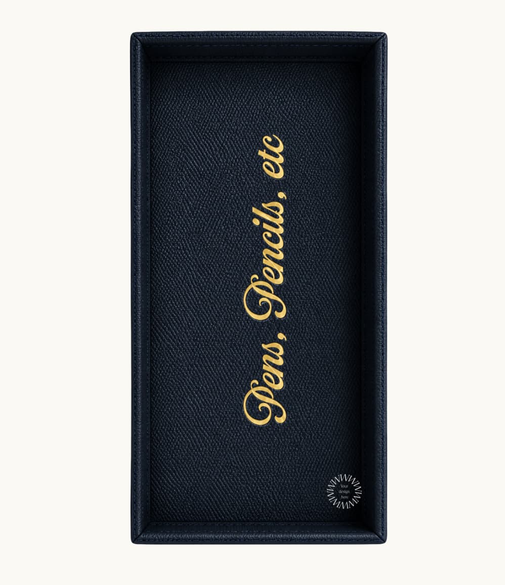 Navy desk tray with gold Pens, Pencils, etc lettering, vertical view