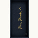 Navy desk tray with gold Pens, Pencils, etc lettering, vertical view