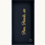 Navy desk tray with gold Pens, Pencils, etc lettering, vertical view