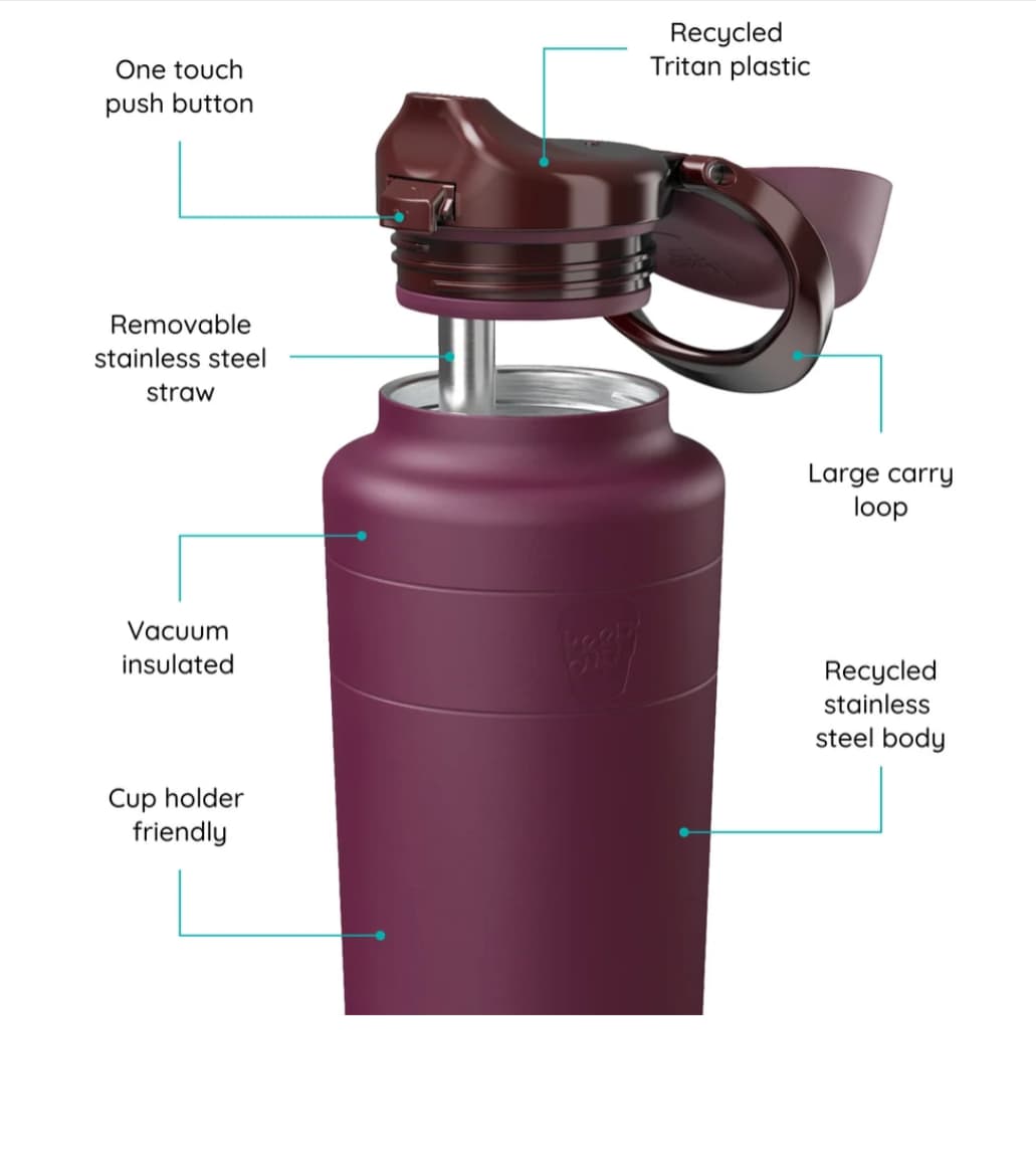 Ora insulated water bottle with stainless steel straw, carry loop and one touch lid