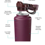 Ora insulated water bottle with stainless steel straw, carry loop and one touch lid