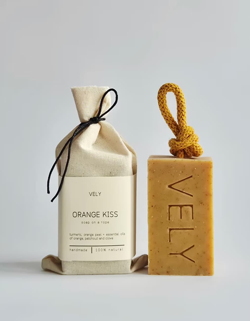Orange Kiss natural soap on a rope with cotton gift bag