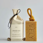 Orange Kiss natural soap on a rope with cotton gift bag