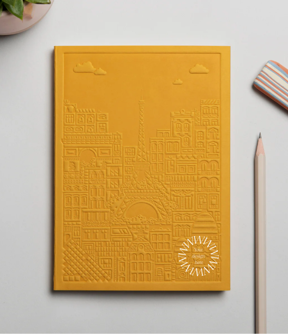 Notebook with embossed design of the city of Paris. Sustainable client gifting from women-owned brands  
