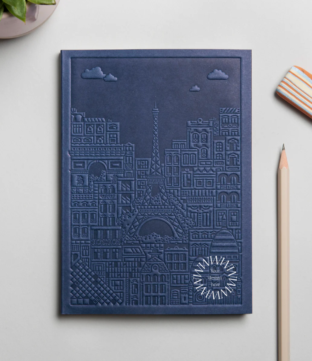 Notebook with embossed design of the city of Paris. Premium Custom Corporate Gifts from women-owned brands  