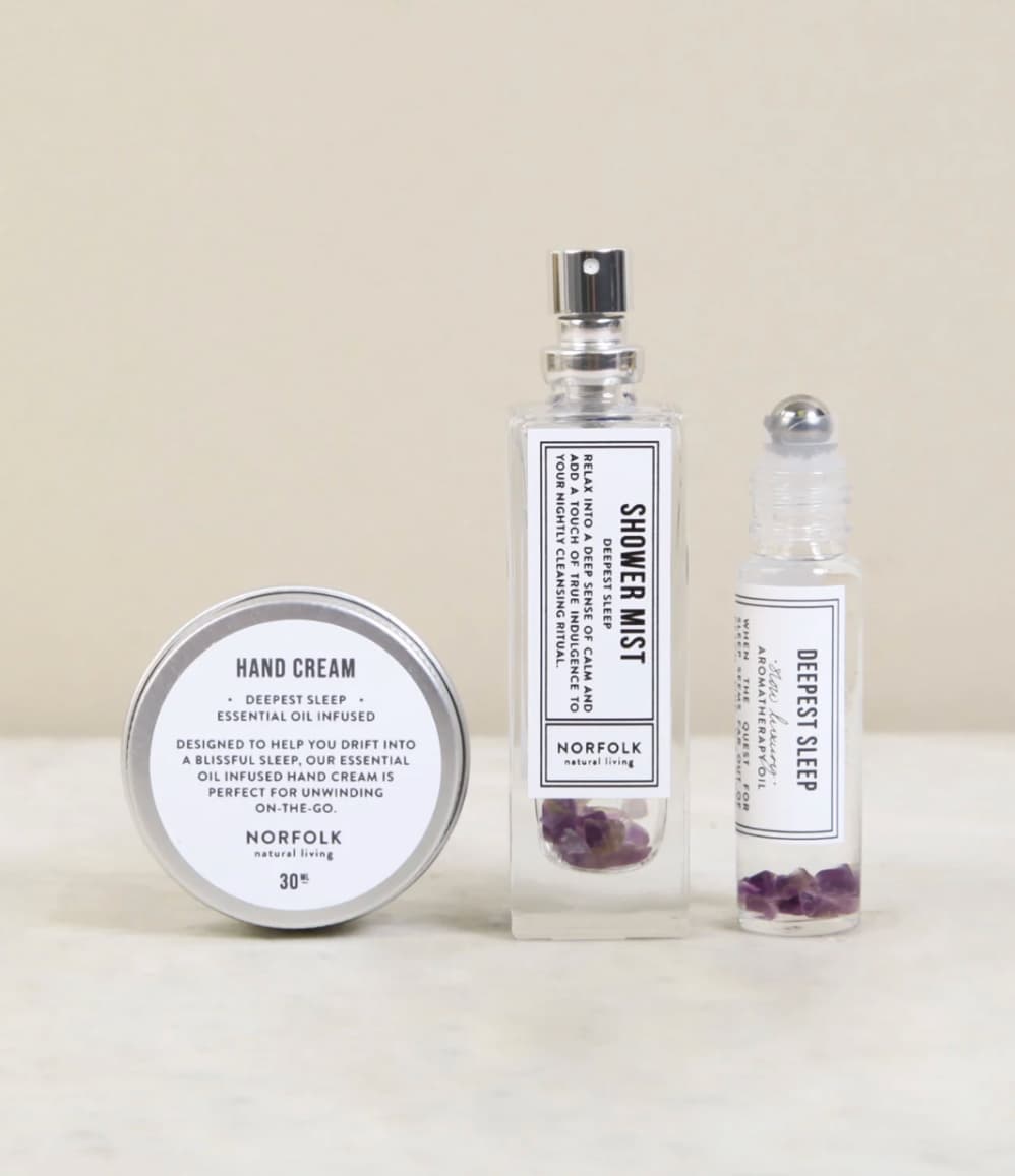 Deepest Sleep shower mist, pulse point oil and hand cream handmade in Norfolk.