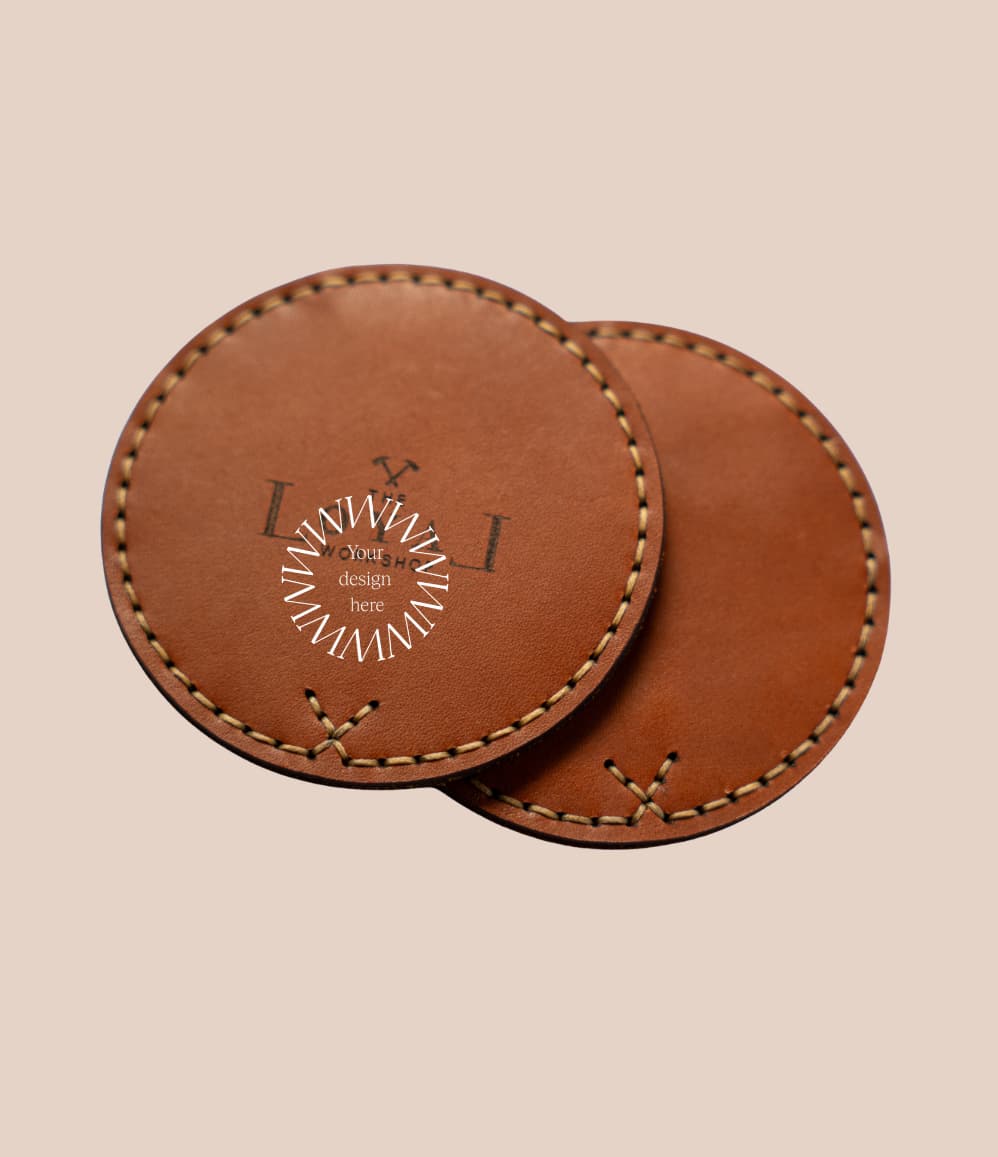 Vegan leather tan coasters, personalised sustainable corporate gift