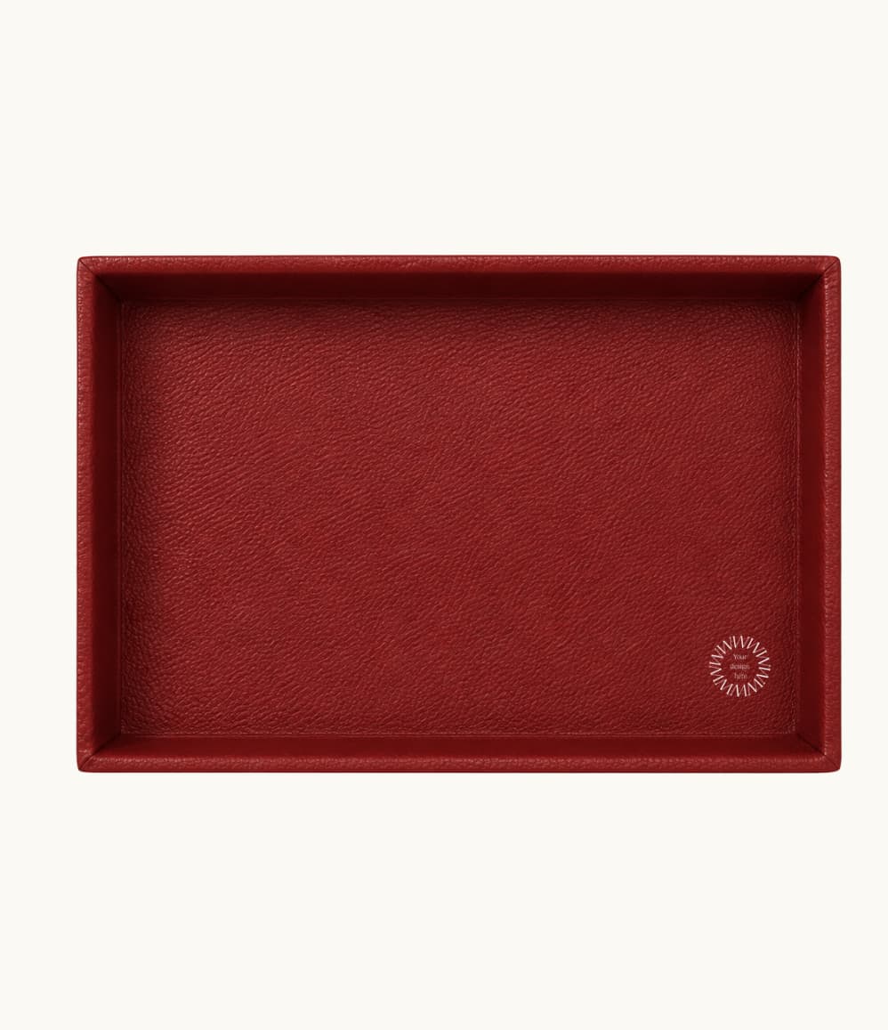 Plain red desk tray showing the available logo placement area