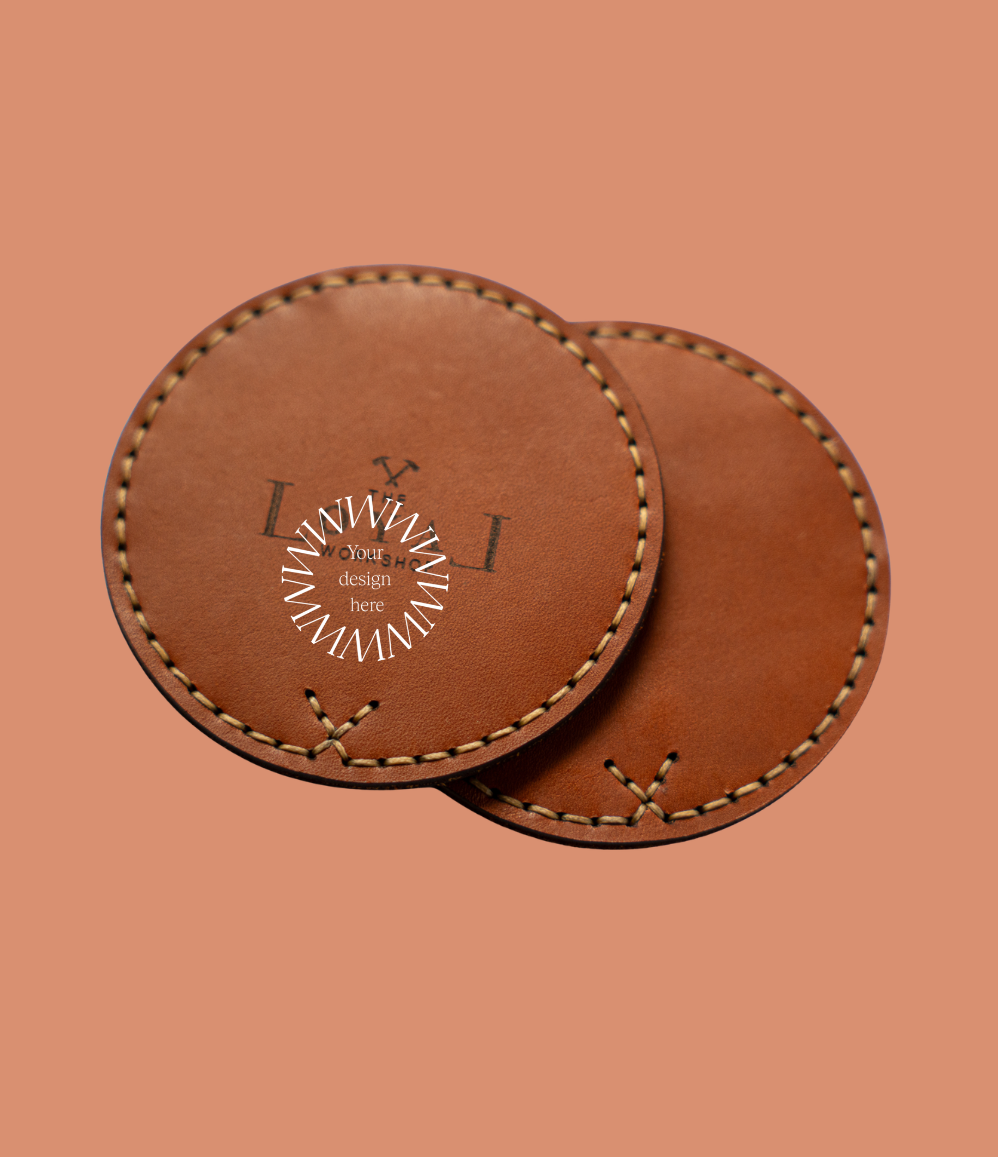 Vegan leather tan coasters, personalised sustainable corporate gift