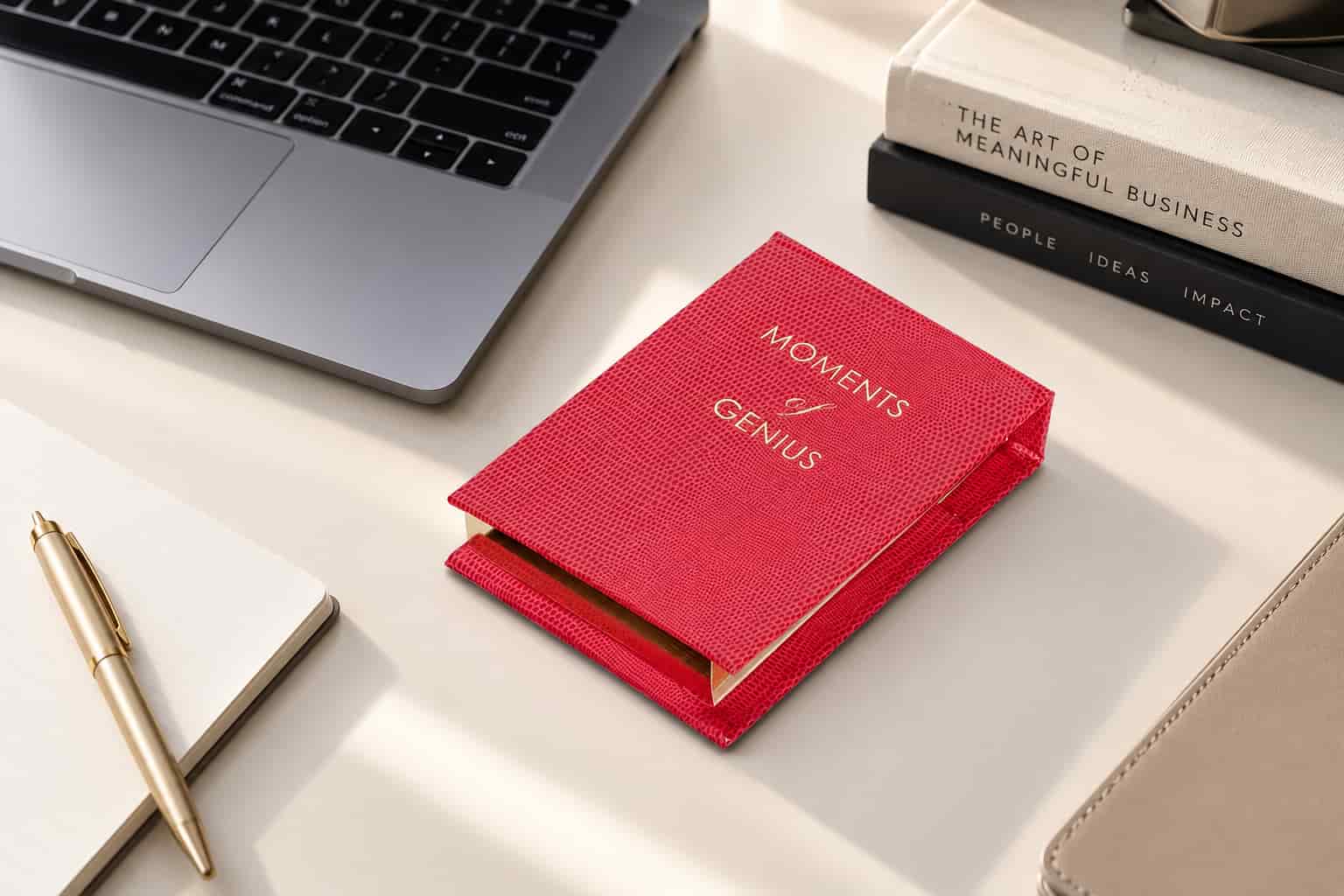Red Moments of Genius refillable notepad on a contemporary office desk with laptop and pen