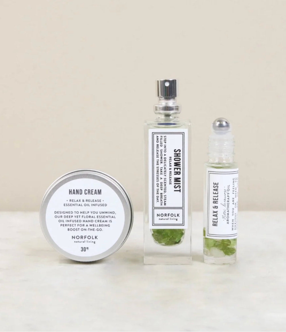 Relax & Release shower mist, pulse point oil and hand cream handmade in Norfolk.
