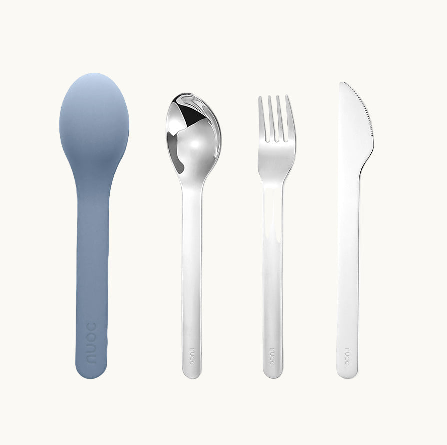 A trio of high-quality stainless steel cutlery with knife, fork and spoon stored in a blue silicone case. Sustainable custom swag, branded merch for employee engagement.
