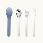 A trio of high-quality stainless steel cutlery with knife, fork and spoon stored in a blue silicone case. Sustainable custom swag, branded merch for employee engagement.