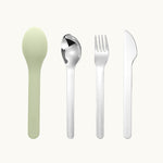 Green silicone case with stainless steel knife, fork and spoon. 100% recyclable, dishwasher safe custom swag for corporate events and employee engagement.