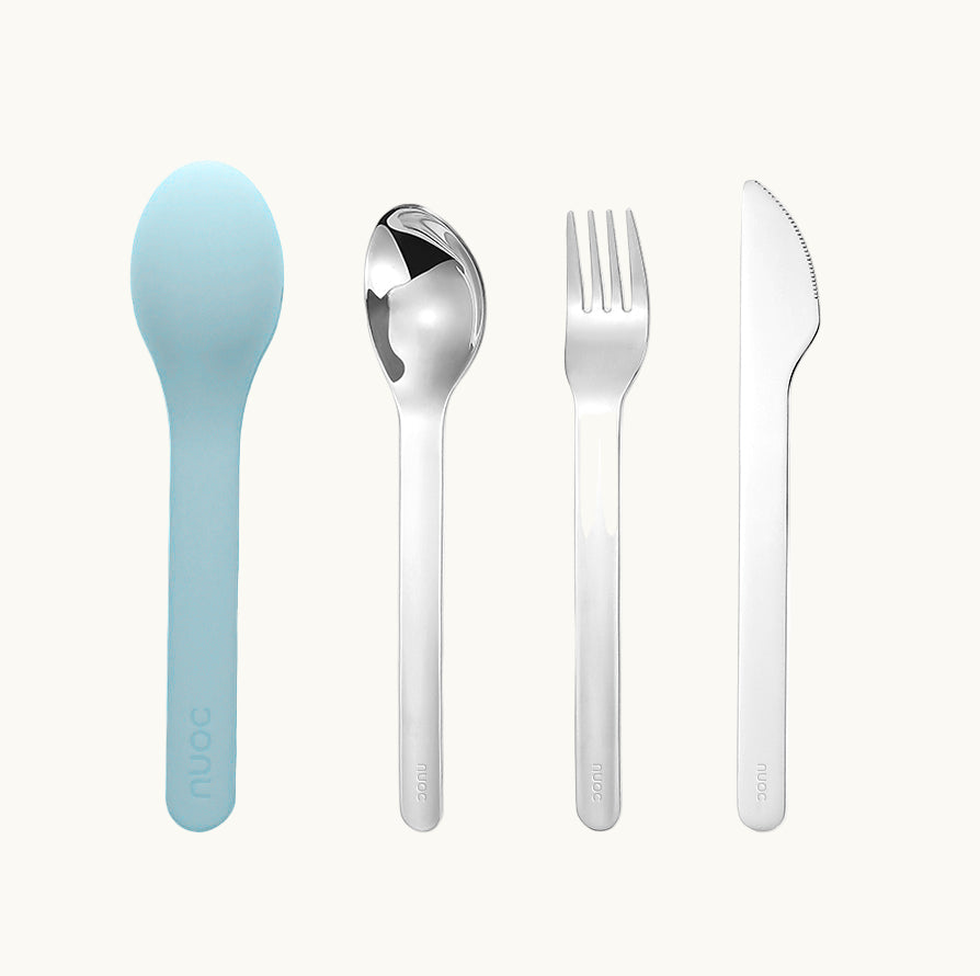 A set of stainless steel knife, fork and spoon in a light blue silicone case. Dishwasher safe, infinitely reusable custom merch for sustainable corporate gifting.