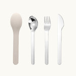 A set of stainless steel knife, fork and spoon in a light brow silicone case. Dishwasher safe, infinitely reusable custom merch for sustainable corporate gifting.